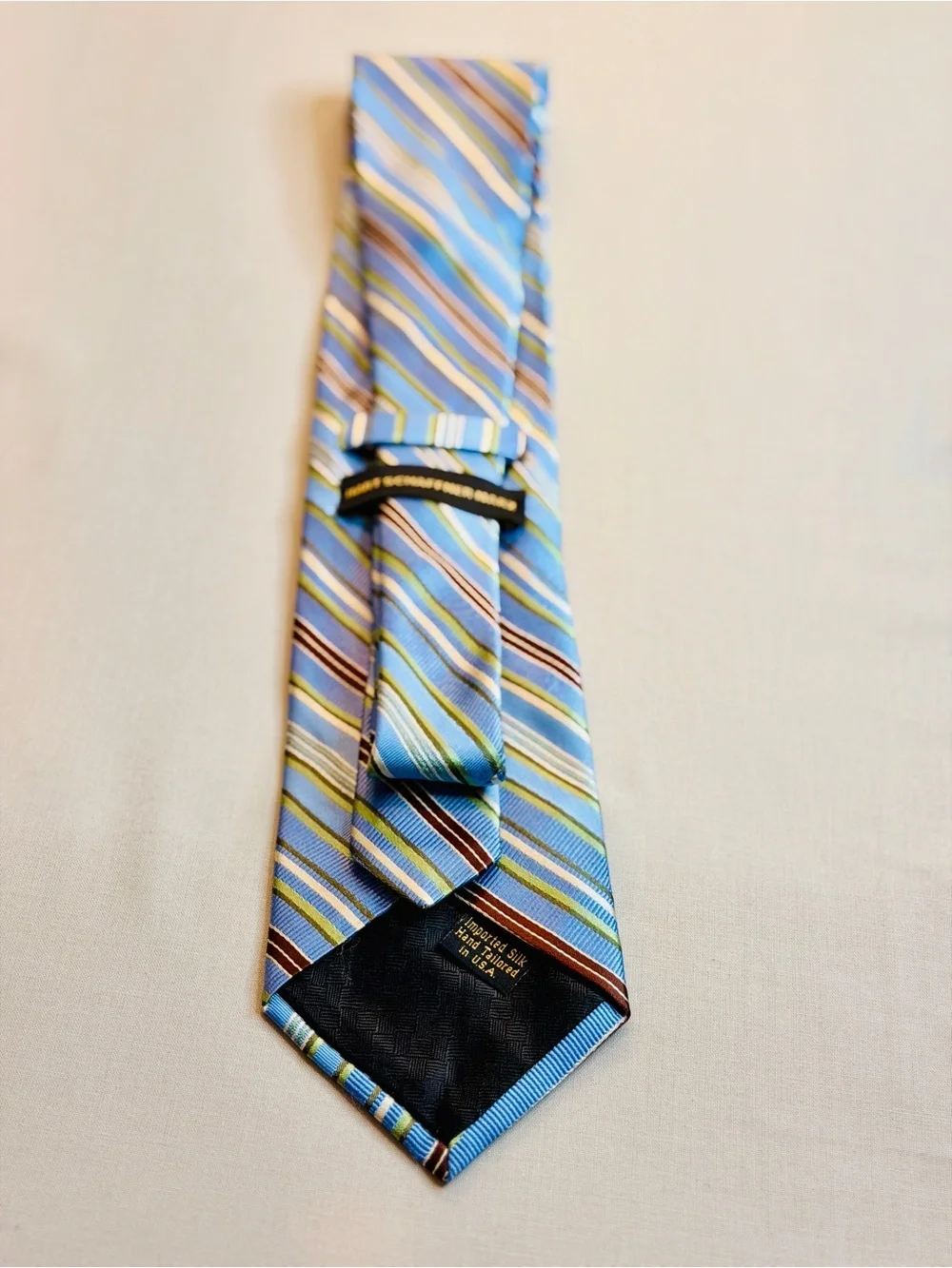 Hart Schaffner Marx Light Blue, Navy and Green Striped Silk Tie